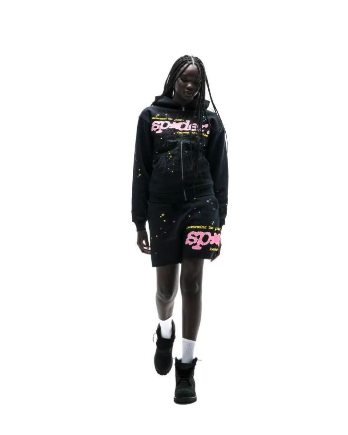 [Big & Tall for weights up to 220 lbs]1:1 quality version Pink Letter Black Mesh Black Zip Hoodie & Shorts Set 29319550