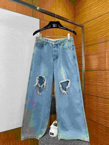 1:1 quality version High Waist Double Side Knee Double Layer Big Ripped Frayed Tassel Distressed Wide Leg Denim Jeans 29321567
