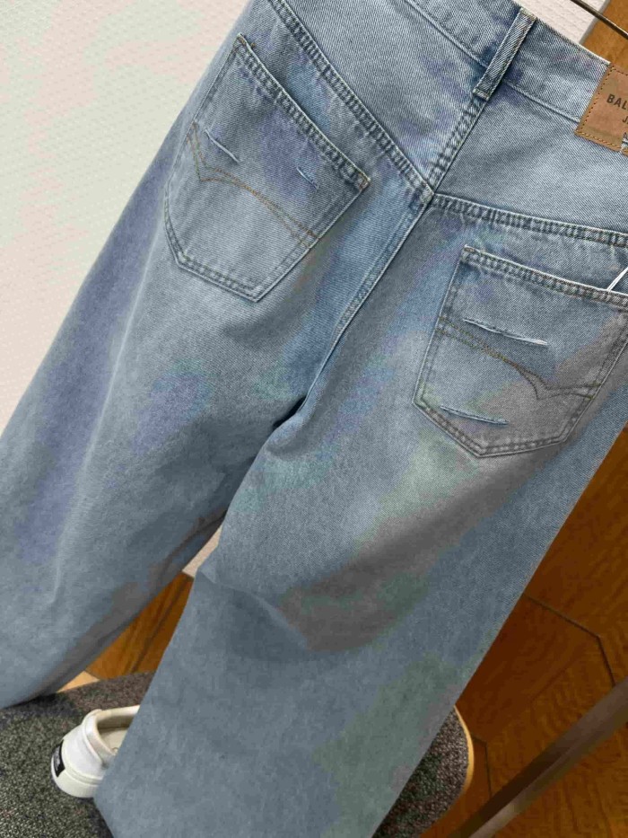 1:1 quality version High Waist Double Side Knee Double Layer Big Ripped Frayed Tassel Distressed Wide Leg Denim Jeans 29321567
