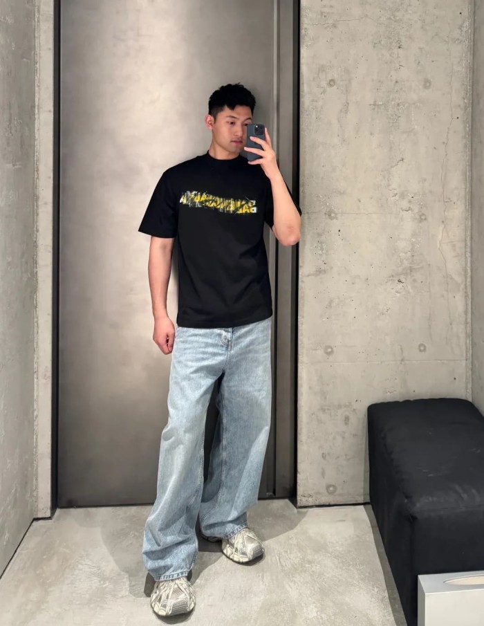 1:1 quality version Tape Cover Cracked Yellow White Splatter Ink Letter Print Oversized Drop Shoulder T-shirt 29321187
