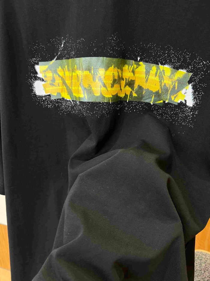 1:1 quality version Tape Cover Cracked Yellow White Splatter Ink Letter Print Oversized Drop Shoulder T-shirt 29321187