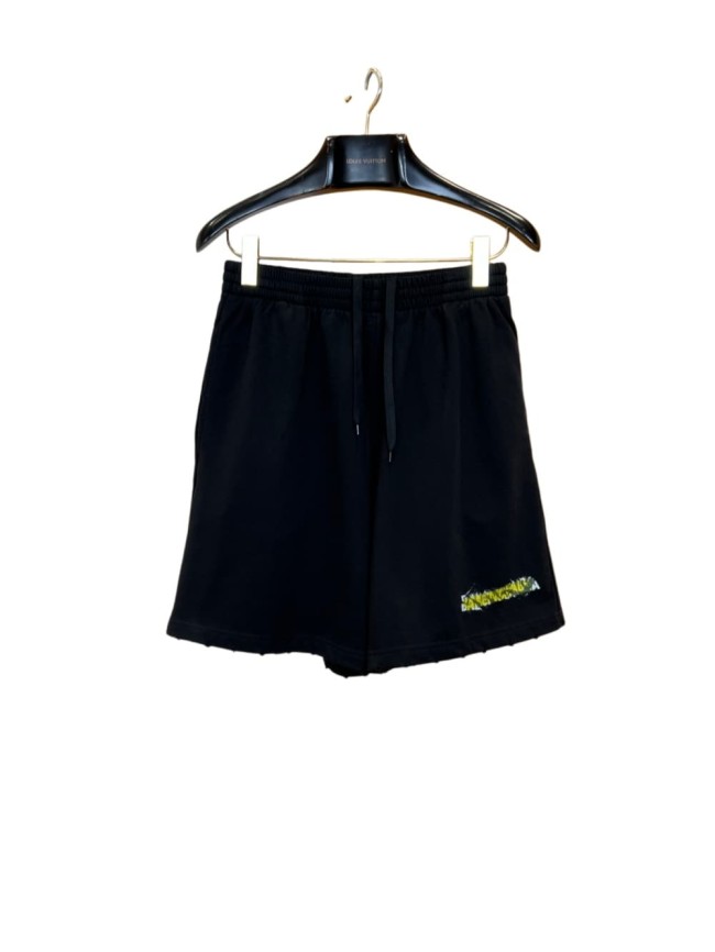 1:1 quality version Drawstring Elastic Waist Raw Edge Hem Cracked Yellow Green Paint Letter Print Wide Leg Five Inch Athletic Sweat Shorts 29321180