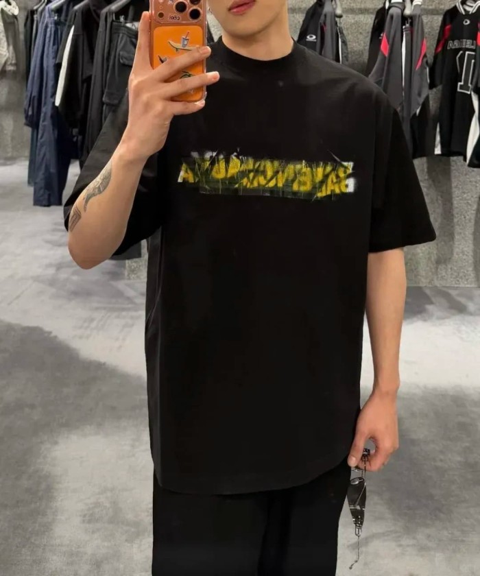 1:1 quality version Tape Cover Cracked Yellow White Splatter Ink Letter Print Oversized Drop Shoulder T-shirt 29321187