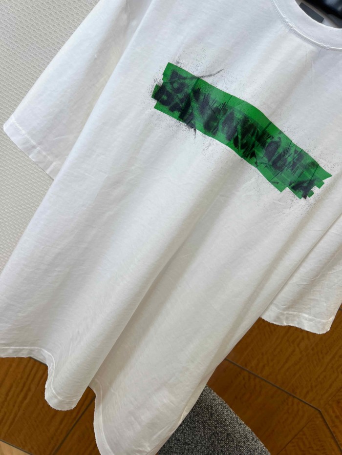1:1 quality version Tape Cover Cracked Green Splatter Ink Letter Print Frayed Neckline Oversized Drop Shoulder T-shirt 29321426