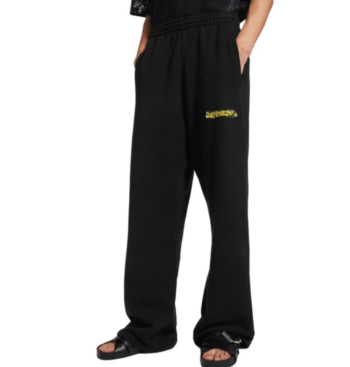 1:1 quality version Drawstring Elastic Waist Raw Edge Hem Cracked Yellow White Paint Letter Print Wide Leg Straight Floor Length Sweatpants 29321136