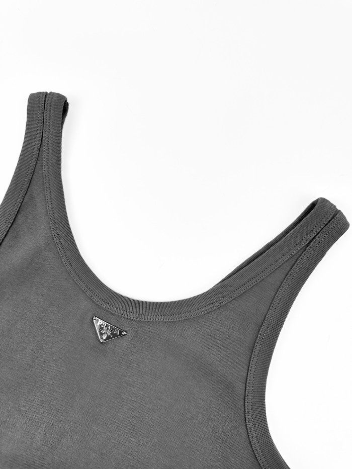 1:1 quality version U Neck Wide Strap Tank Top Triangle Metal Logo Fitted Bodycon Mini Slip Dress 29329316