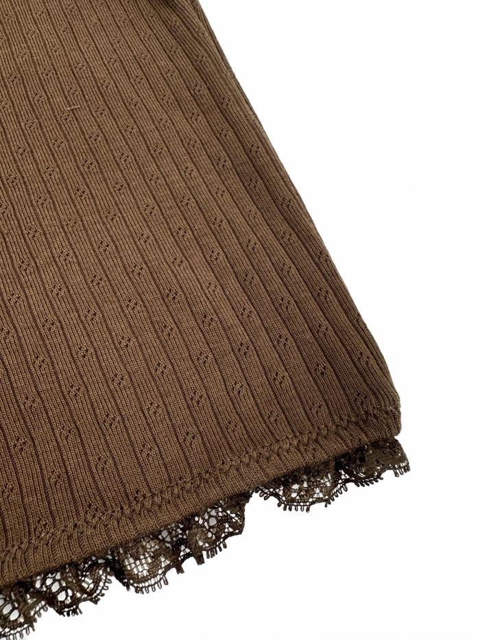 1:1 quality version Miu Woven Label Vertical Eyelet Jacquard Cuff Hem Lace Fringe Slim T-shirt 3 colors 29330298