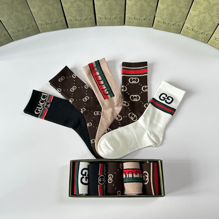 Brown Tone All Over Print Interlocking GG Monogram Slouch Socks 5 Pairs Per Box 29332329