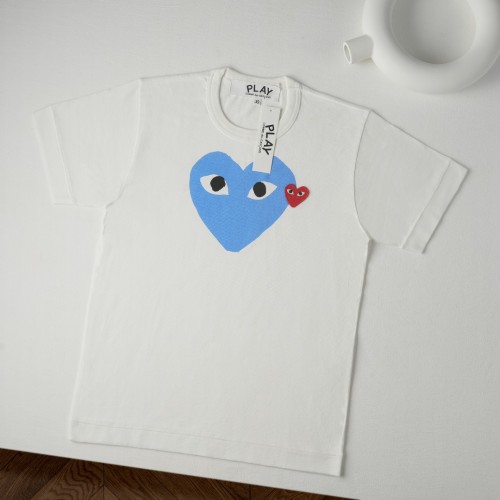 1:1 quality version Chest Oversize Light Blue Solid Eyed Heart Print Side Mini Red Heart Embroidery Fitted Shoulder Couple Tee 29332179