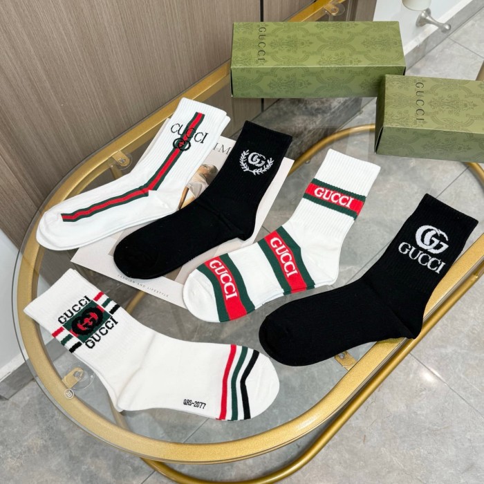 Classic Red Green Web Stripe Interlocking GG Letter Mid Calf Socks 5 Pairs Per Box 29332328