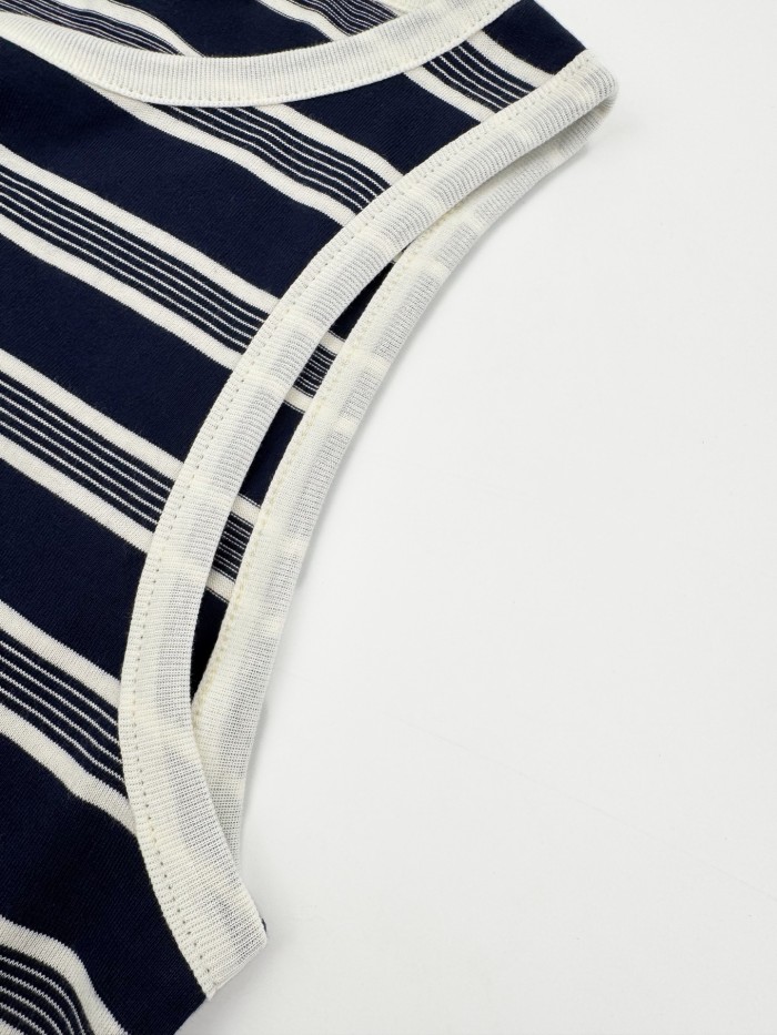 1:1 quality version Neck Tank Sleeveless Navy White Thin Horizontal Stripe Chest Embroidered Mini Logo High Elastic Waist Slim Knit Tank Top 29334275