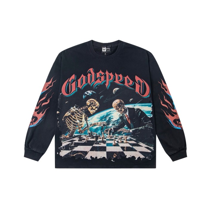 Space Skeleton Chess Match Print Long Sleeve T-Shirt 2 colors 29334420