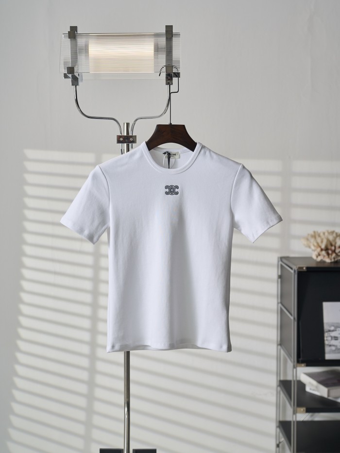 1:1 quality version Classic Triomphe Mini Logo Embroidery Crew Neck Solid Minimal Slim T-shirt 2 colors 29334272