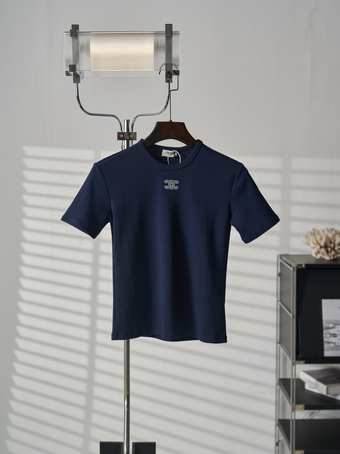 1:1 quality version Classic Triomphe Mini Logo Embroidery Crew Neck Solid Minimal Slim T-shirt 2 colors 29334272