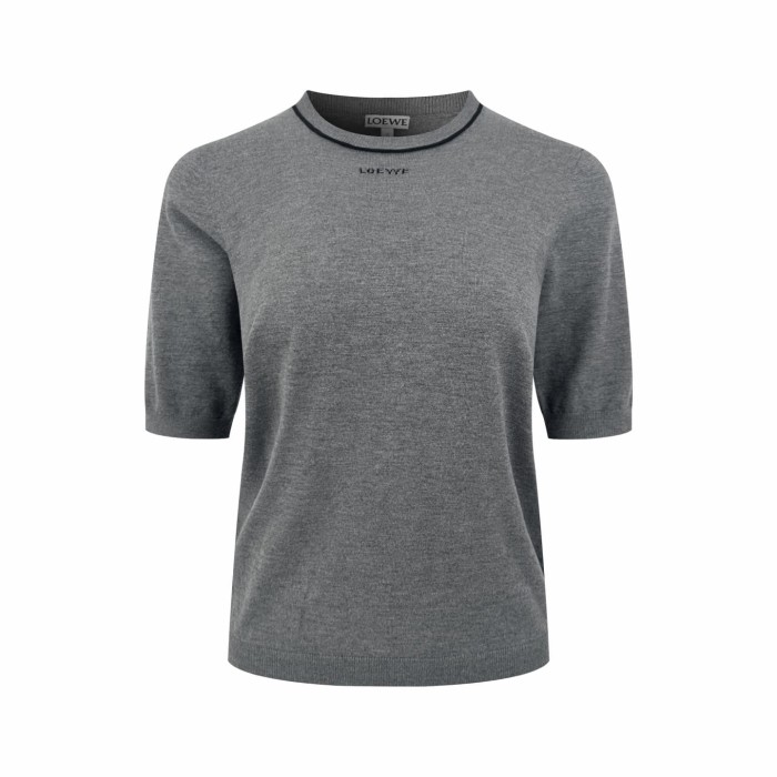 1:1 quality version Thin Black Contrast Crew Neck Half Sleeve Front Tone On Tone Letter Embroidery Ultra Fine Light Knit T-shirt 29334399