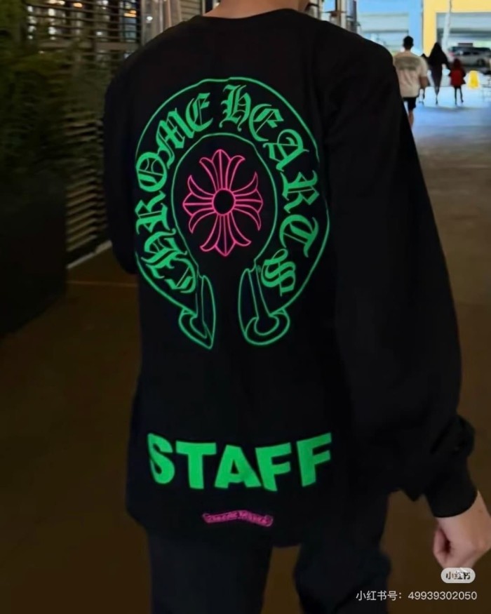 1:1 quality version Back Fluorescent Green Horseshoe STAFF Fluorescent Pink Cross Flower Print Long Sleeve Tee 29334509
