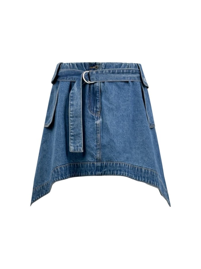 1:1 quality version Wash Blue Denim High Waist Fabric Belt With Ring Buckle Irregular Asym Mini Skirt 29334616