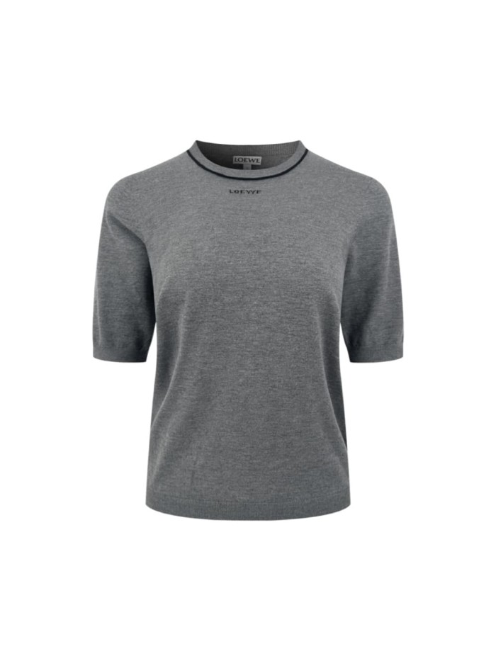 1:1 quality version Thin Black Contrast Crew Neck Half Sleeve Front Tone On Tone Letter Embroidery Ultra Fine Light Knit T-shirt 29334399