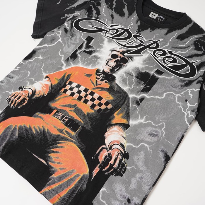 Y2K Gothic Streetwear Front Godspeed Gothic Letter Lightning Background Prison Uniform Skeleton Sitting Figure Print T-Shirt 2 colors 29338275