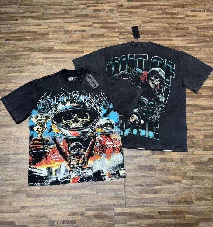 Y2K Racing Streetwear F1 Racer Skull Trophy Double Sided Graphic Oversized Drop Shoulder Crew Neck T-Shirt 2 colors 29338115