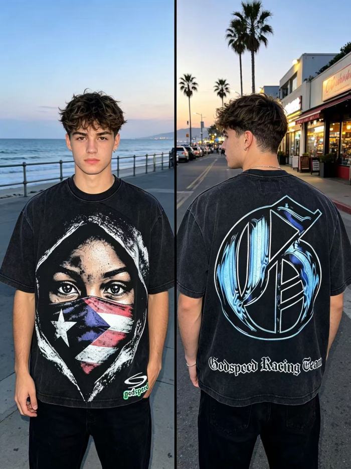 Y2K Hip Hop Streetwear Puerto Rico Flag Masked Portrait Double Sided Graphic Oversized Drop Shoulder Crew Neck T-Shirt 2 colors 29338099