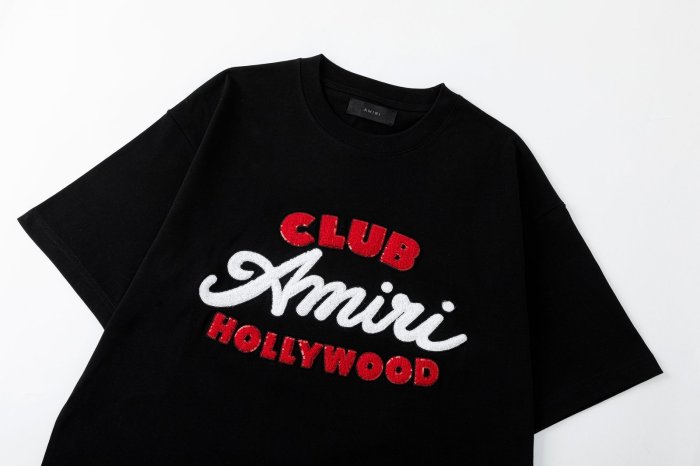 American Retro Club Streetwear Front Red White Chenille Embroidery Club Amiri Hollywood Letter Print Tee 29340709