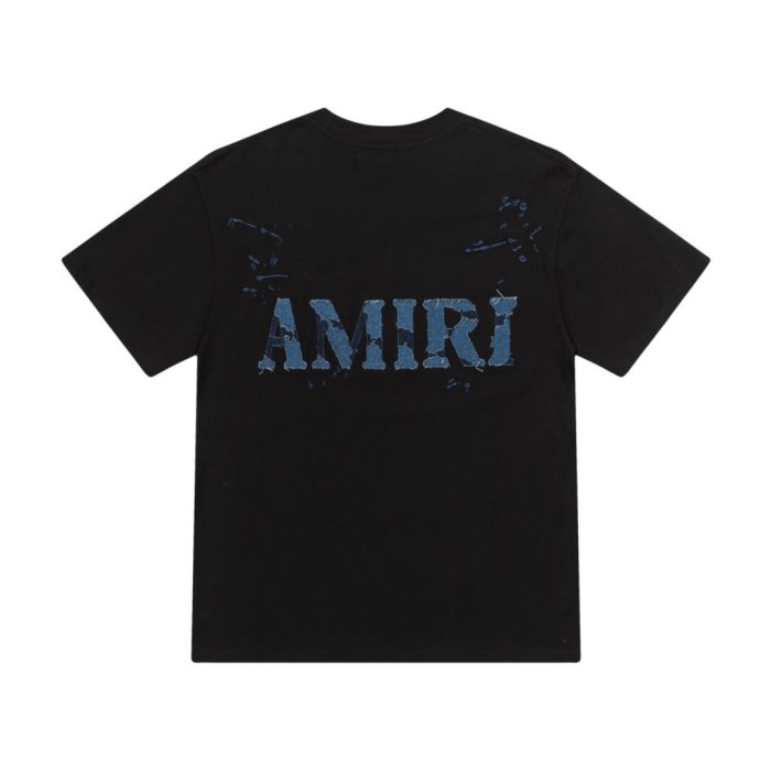 Denim Patch M Logo Ink Splatter Ripped Fabric Print Back Large Denim Stitch Letter Graphic Tee 2 colors 29342946