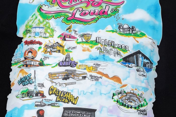 West Coast Hip Hop Streetwear Front Rolling Loud City Map Landmark Character Multicolor Cartoon Illustration Print Back Green Outline Flame Wavy Oversized T-Shirt 29343931