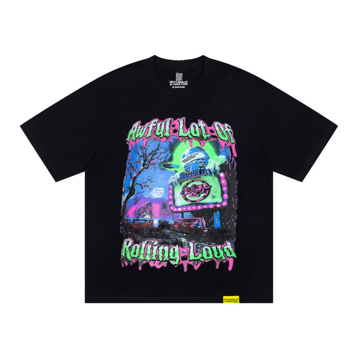 Y2K Dark Street Front Halloween Carnival Graveyard Monster Sea Lion Drip Font Print Back Contrast Layer Graffiti Oversized T-Shirt 29343932