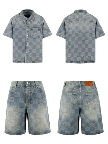 [50% Off]1:1 quality version 28286921 checkerboard denim shirt & shorts set