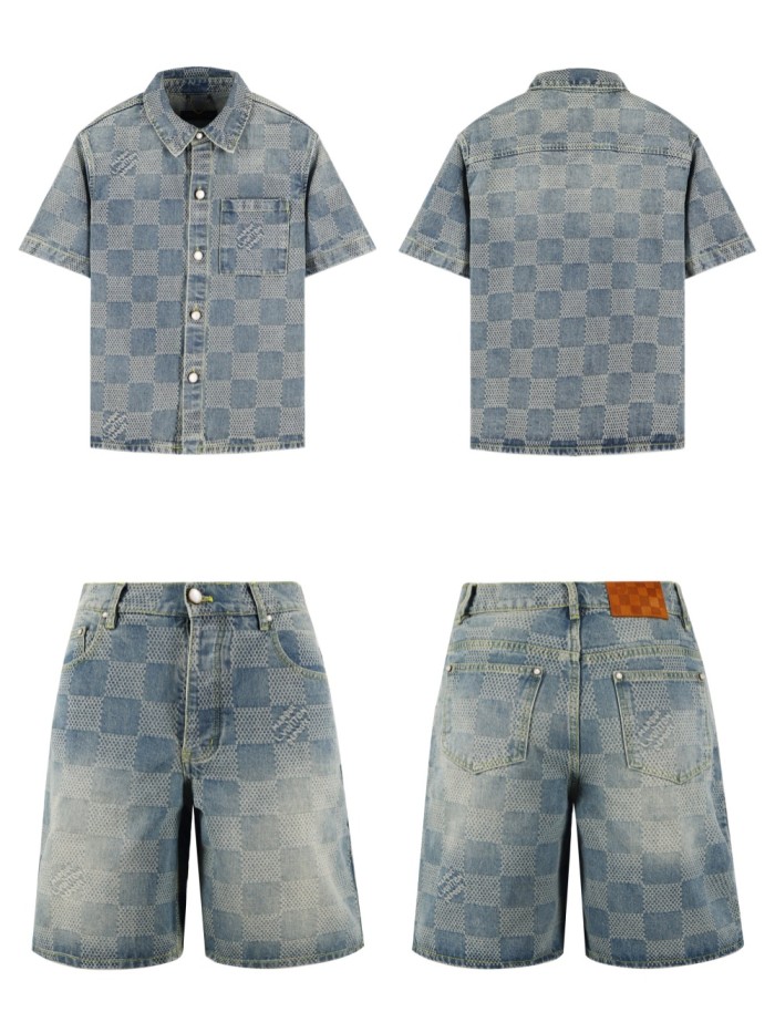 [50% Off]1:1 quality version 28286921 checkerboard denim shirt & shorts set