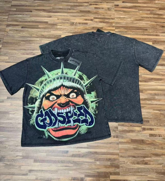 Retro Monster Liberty Streetwear Front Fierce Monster Liberty Head Gothic Graffiti Letter Print T-Shirt 2 colors 29347788