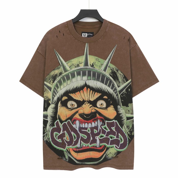 Retro Monster Liberty Streetwear Front Fierce Monster Liberty Head Gothic Graffiti Letter Print T-Shirt 2 colors 29347788