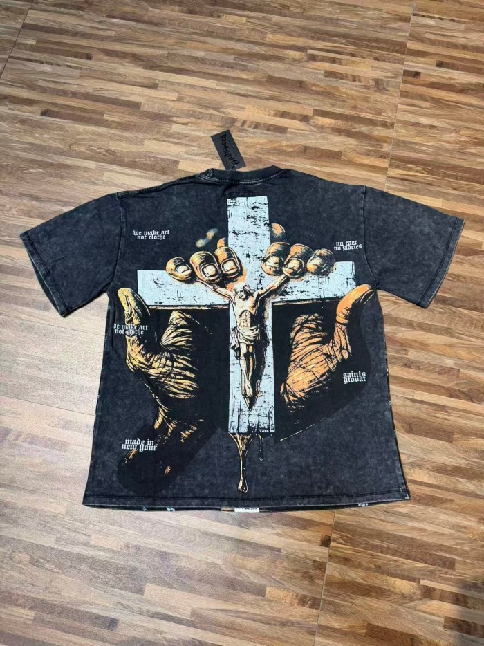 Blindfolded Cherub Sword Rhinestone Gothic Letter Print Back Crackle White Cross Jesus Skeleton Hand T-Shirt 29348120