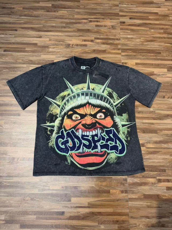 Retro Monster Liberty Streetwear Front Fierce Monster Liberty Head Gothic Graffiti Letter Print T-Shirt 2 colors 29347788