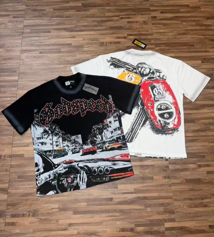 Miami Racing Streetwear Front Palm Tree City Sports Car Steering Wheel Rhinestone Gothic Letter Print T-Shirt 2 colors 29347856