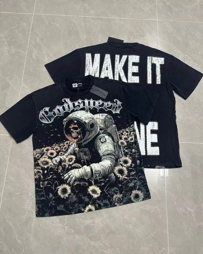 Retro Cosmic Floral Streetwear Front Sunflower Field Astronaut Skull Gothic Letter Print T-Shirt 2 colors 29348175