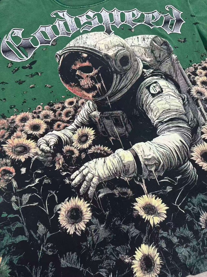 Retro Cosmic Floral Streetwear Front Sunflower Field Astronaut Skull Gothic Letter Print T-Shirt 2 colors 29348175