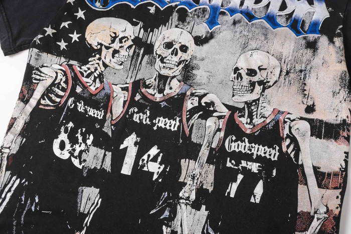 Retro Varsity Basketball Streetwear Front Skeleton Basketball Team Vintage Gothic Letter Print Back Green Outline Flame Crackle Number 14 T-Shirt 2 colors 29347777
