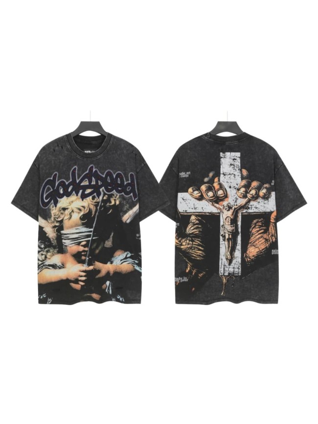 Blindfolded Cherub Sword Rhinestone Gothic Letter Print Back Crackle White Cross Jesus Skeleton Hand T-Shirt 29348120