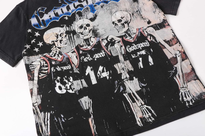 Retro Varsity Basketball Streetwear Front Skeleton Basketball Team Vintage Gothic Letter Print Back Green Outline Flame Crackle Number 14 T-Shirt 2 colors 29347777