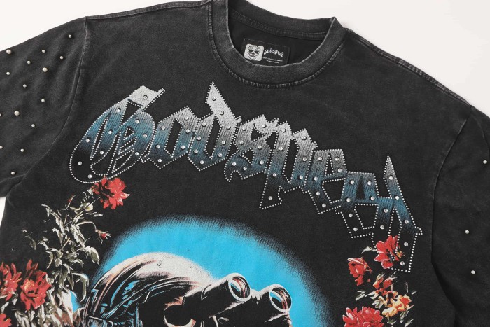 Retro Dark Space Gothic Streetwear Front Astronaut Skeleton Rose Bush Rhinestone Gothic Letter Print Single Side T-Shirt 2 colors 29348018