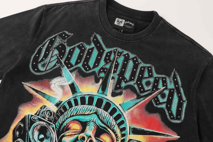 Retro Liberty Hip Hop Streetwear Front Liberty Statue Speaker Sunset Rhinestone Gothic Letter Print T-Shirt 2 colors 29347771