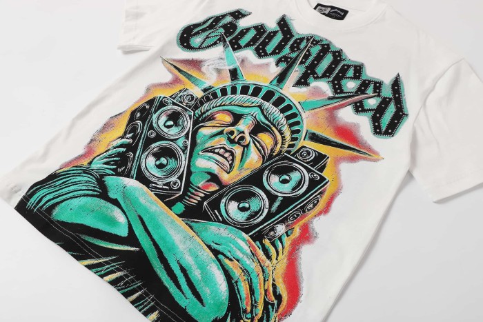 Retro Liberty Hip Hop Streetwear Front Liberty Statue Speaker Sunset Rhinestone Gothic Letter Print T-Shirt 2 colors 29347771