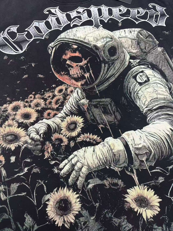 Retro Cosmic Floral Streetwear Front Sunflower Field Astronaut Skull Gothic Letter Print T-Shirt 2 colors 29348175
