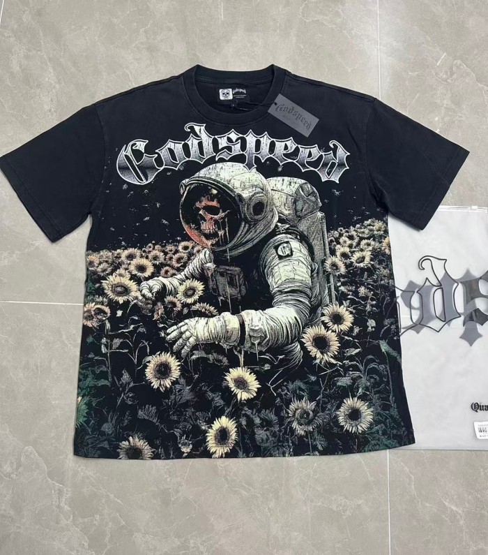 Retro Cosmic Floral Streetwear Front Sunflower Field Astronaut Skull Gothic Letter Print T-Shirt 2 colors 29348175