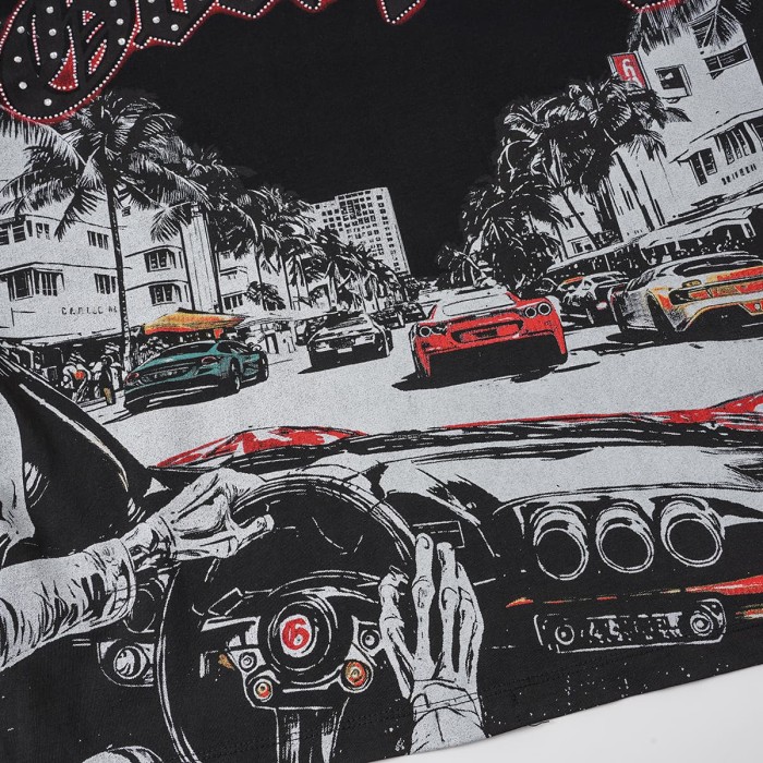 Miami Racing Streetwear Front Palm Tree City Sports Car Steering Wheel Rhinestone Gothic Letter Print T-Shirt 2 colors 29347856