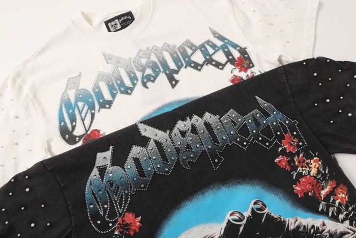 Retro Dark Space Gothic Streetwear Front Astronaut Skeleton Rose Bush Rhinestone Gothic Letter Print Single Side T-Shirt 2 colors 29348018