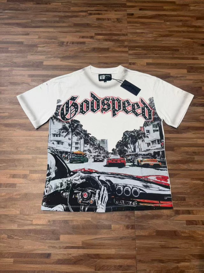 Miami Racing Streetwear Front Palm Tree City Sports Car Steering Wheel Rhinestone Gothic Letter Print T-Shirt 2 colors 29347856