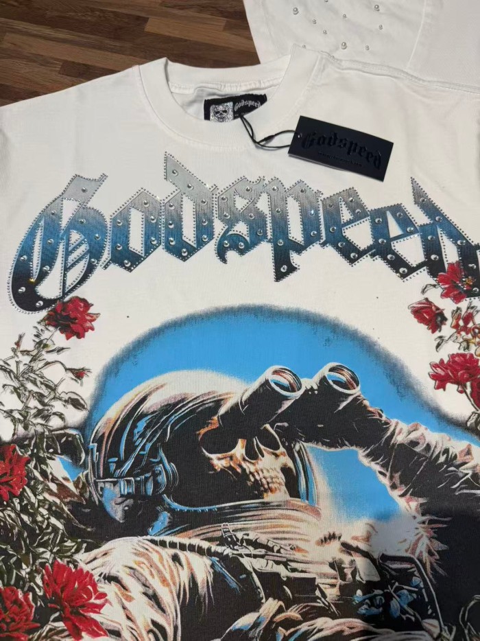 Retro Dark Space Gothic Streetwear Front Astronaut Skeleton Rose Bush Rhinestone Gothic Letter Print Single Side T-Shirt 2 colors 29348018